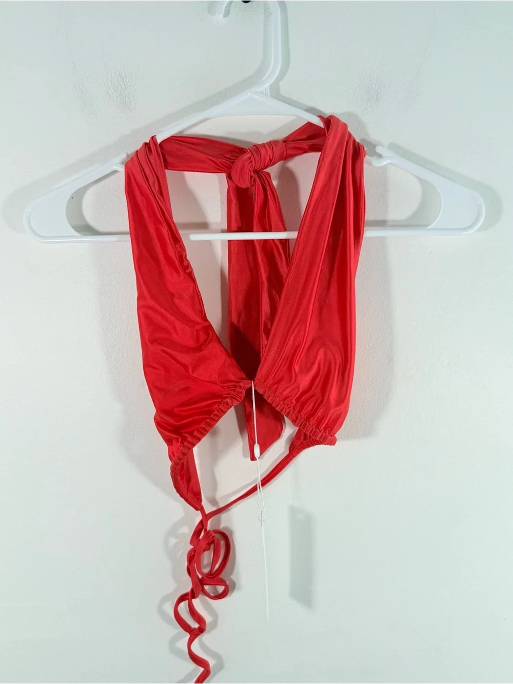 NWT Frankie’s Bikinis Bash Red Satin Twist Wrap Halter Bikini Top Medium New